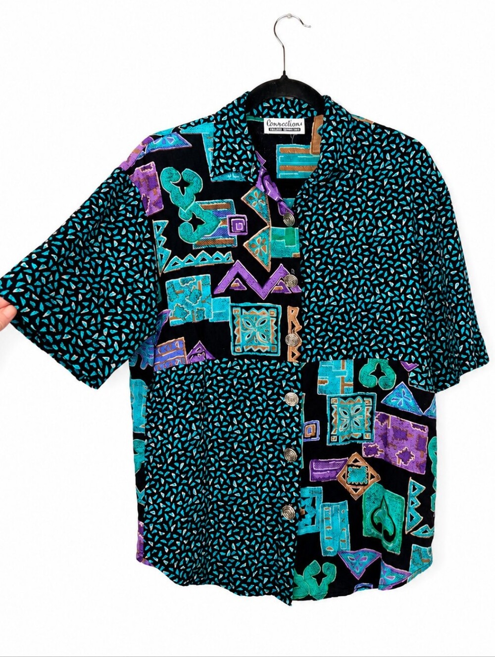 Vintage 90s Connections Abstract Geometric Patchwork Button Front Blouse Large